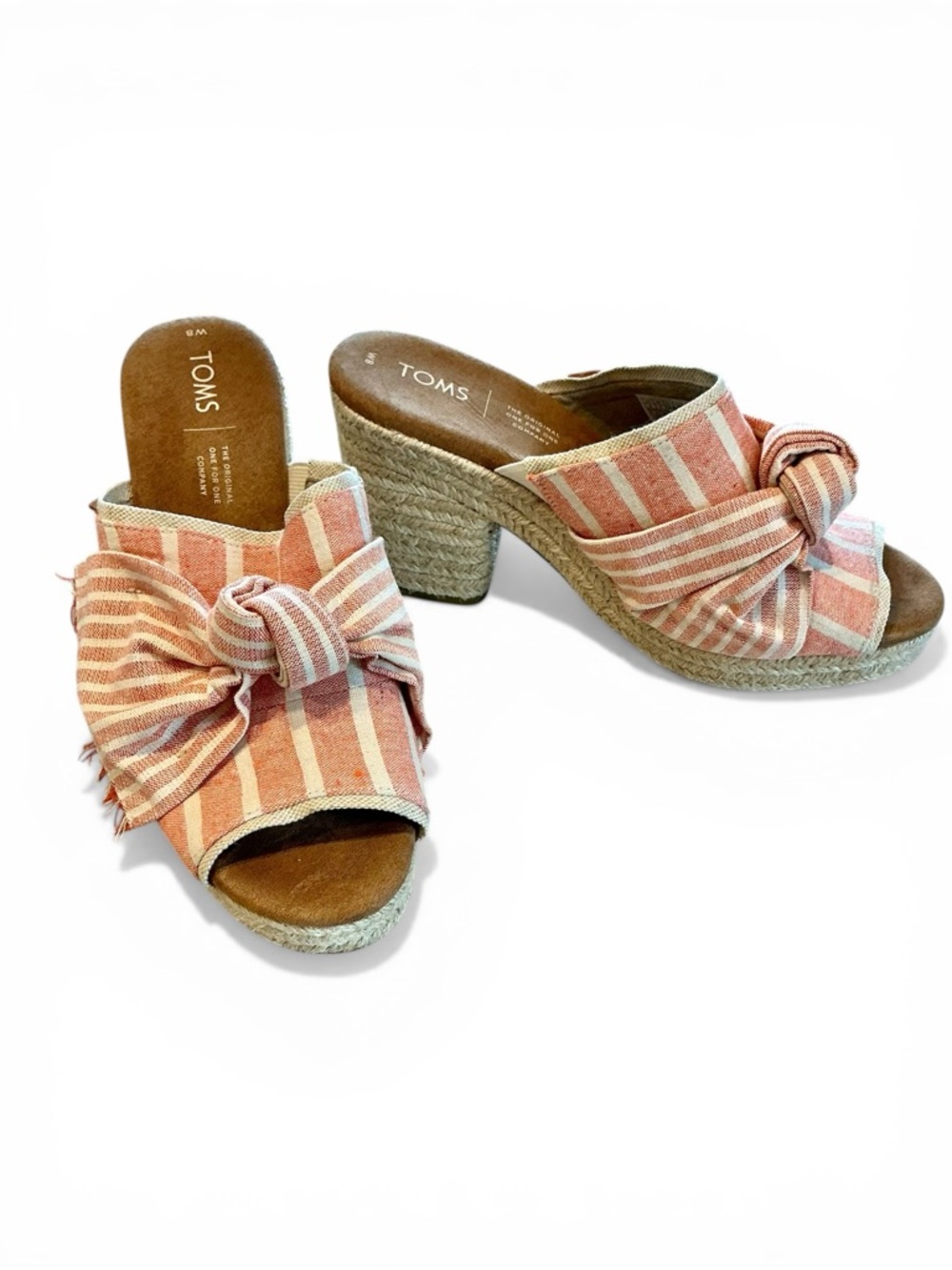Toms Junie Canvas Espadrille Slide Peep Toe Heel Orange Cabana Stripe Size 8 - Picture 3 of 8